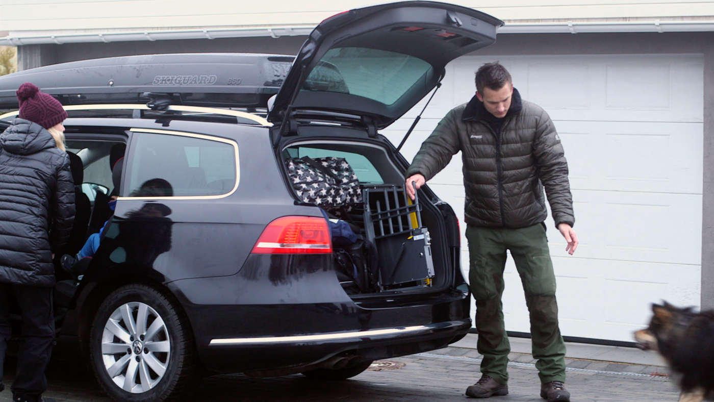 Familie med hund pakker bil